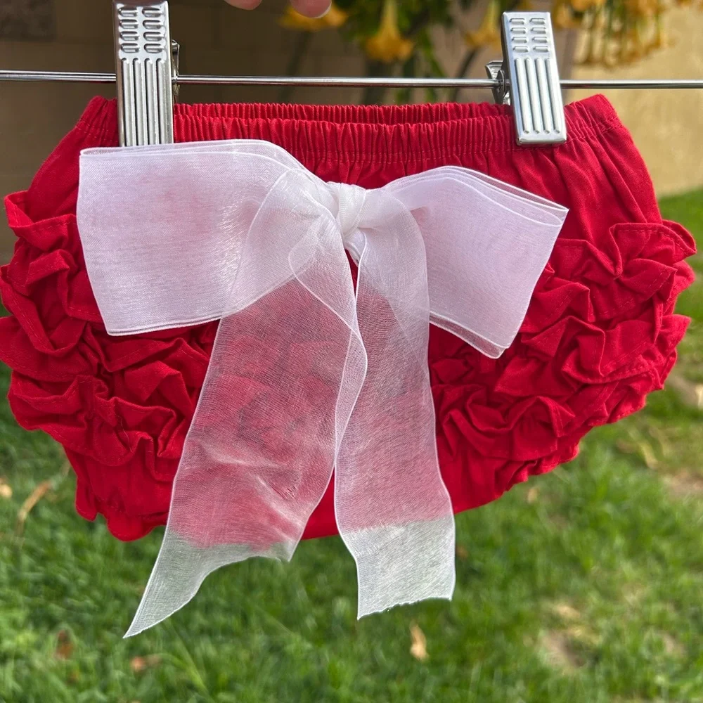 Ruffle Butts Red Ruffle Diaper Cover with White Organza Bow